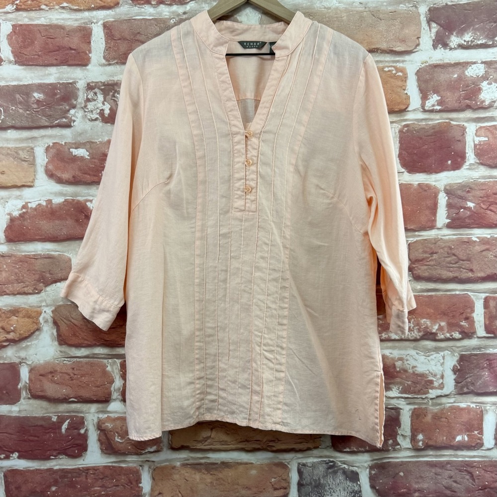 Kenar Top Women's 1X Pink 100% Linen Pleated Casual Tunic Beachy Basic Shirt